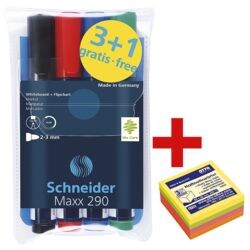 Schneider Etui met 4 whiteboard & flipchart markers »Maxx 290« incl. kubus zelfklevende notes 50x50 mm »Mini« 4 neon kleuren