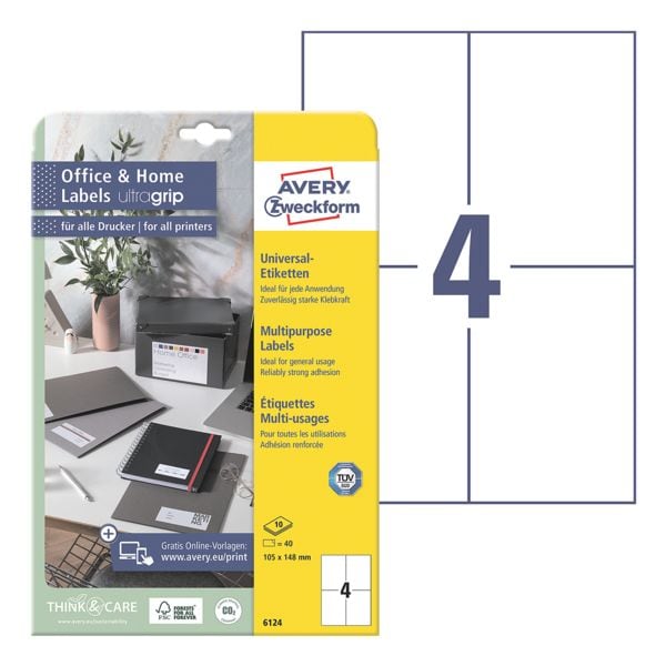 Universele etiketten A6 permanent wit 148x105 mm 40 stuks Office & Home 6124 met