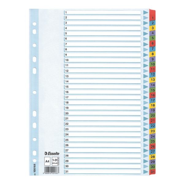 Kartonnen tabbladen 1-31 gekleurde tabs A4 wit