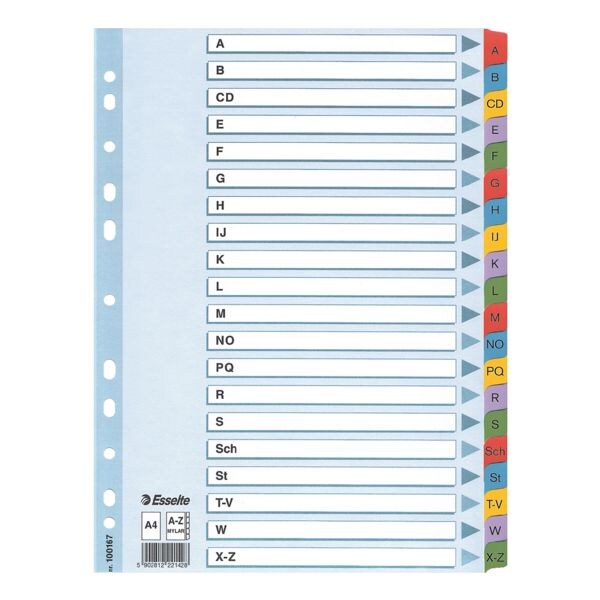Kartonnen tabbladen A-Z gekleurde tabs A4 wit