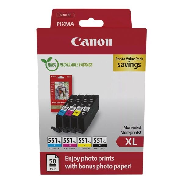 Value pak: inktcartridgeset »CLI-551 XL BK/C/M/Y« incl. 50 bladen fotopapier 10x