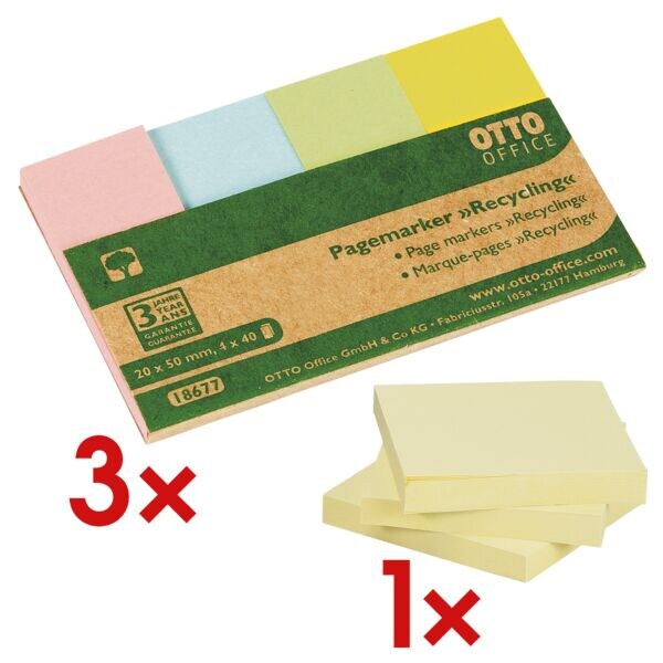 3x indexstroken »Recycling« 20 x 50 mm incl. pak met 3x blok herkeefbare notes »
