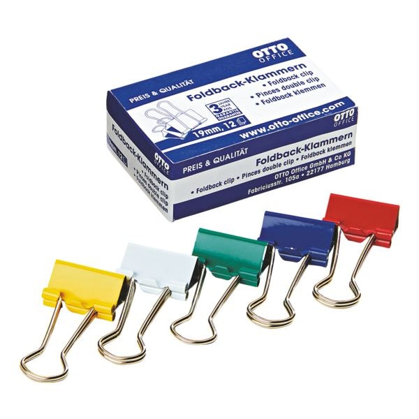 Foldback papierklemmen 19 mm, gesorteerde kleuren, 12 stuks