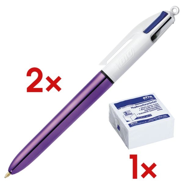 2x 4-kleuren balpen »4 Colours Shine« incl. 1x kubus herkleefbare notes wit 75x7