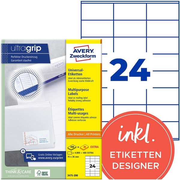 Universele etiketten permanent wit 70x36 mm 5280 stuks 3475-200 met ultragrip