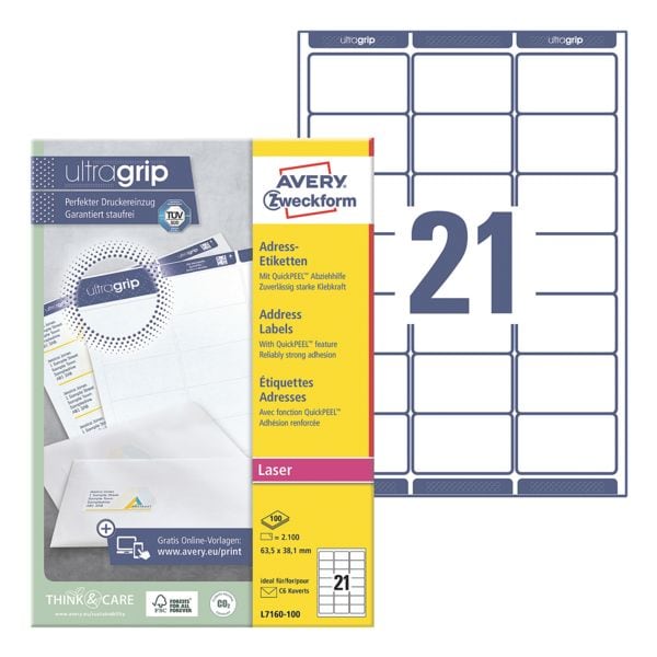 Pak met 21 adresetiketten met ultragrip »L7160-100«