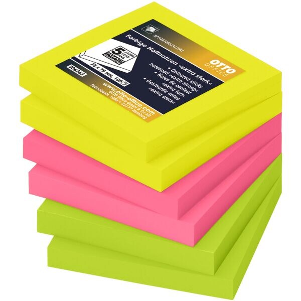 Blok herkleefbare notes »extra sterk« neon 75 x 75 mm, 6 stuks