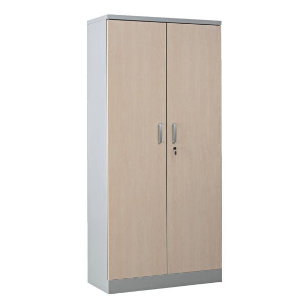 Stalen kast met vleugeldeuren in houtlook 92 x 195 cm body grijs