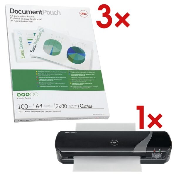 3x lamineerhoezen A4 100 stuks 80 micron incl. A4-lamineerapparaat «Inspire+»