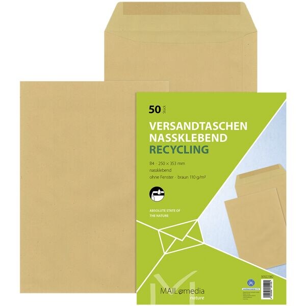 Pak van 50 »Recycling« enveloppen B4 zonder venster bruin natte lijm