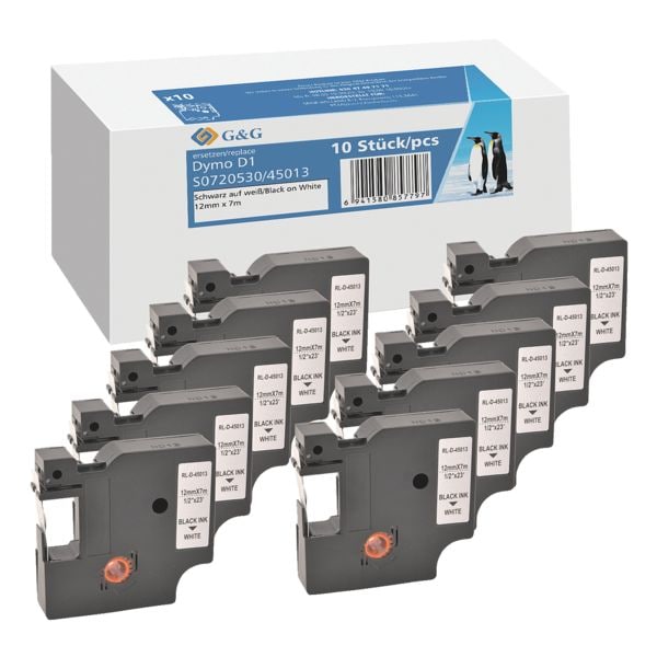 10x schrijftape »vervangt Dymo D1 / 45013 / S0720530 / 2093097« 12 mm x 7 m z/w