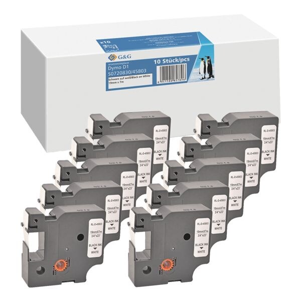 10x schrijftape »vervangt Dymo D1 / 45803 / S0720830 / 2093098« 19 mm x 7 m z/w