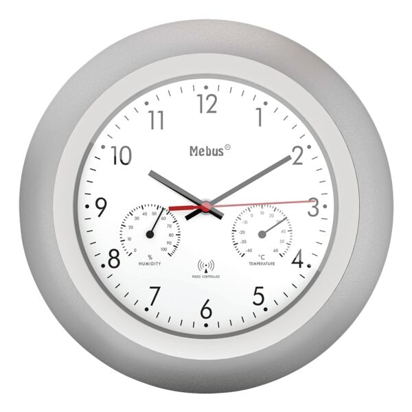 Radiogestuurde wandklok met thermometer en hygrometer 19450 Ø 30 cm zilverkleuri