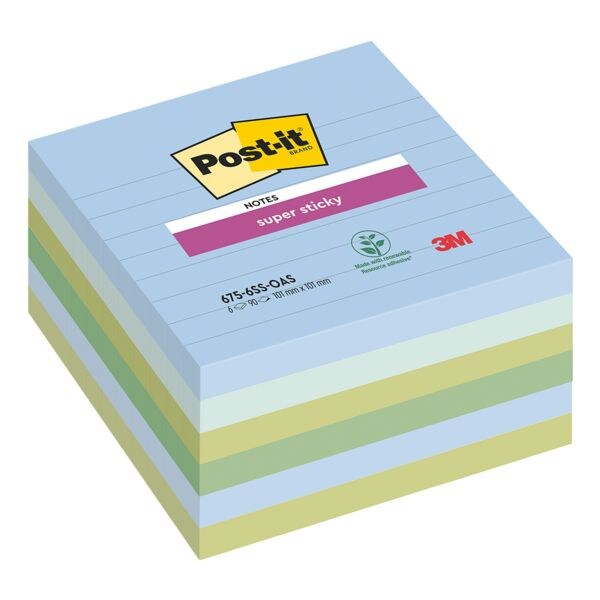 6 blokken herkleefbare notes »Super Sticky Notes Oasis Collection« gelinieerd