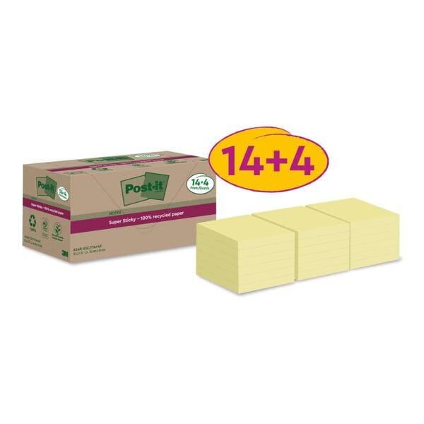 14 + 4 herkleefbare notes »Super Sticky Recycling Notes« 7,6 x 7,6 cm