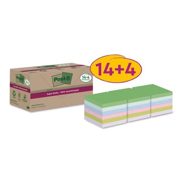 14 + 4 herkleefbare notes »Super Sticky Recycling Notes« 7,6 x 7,6 cm