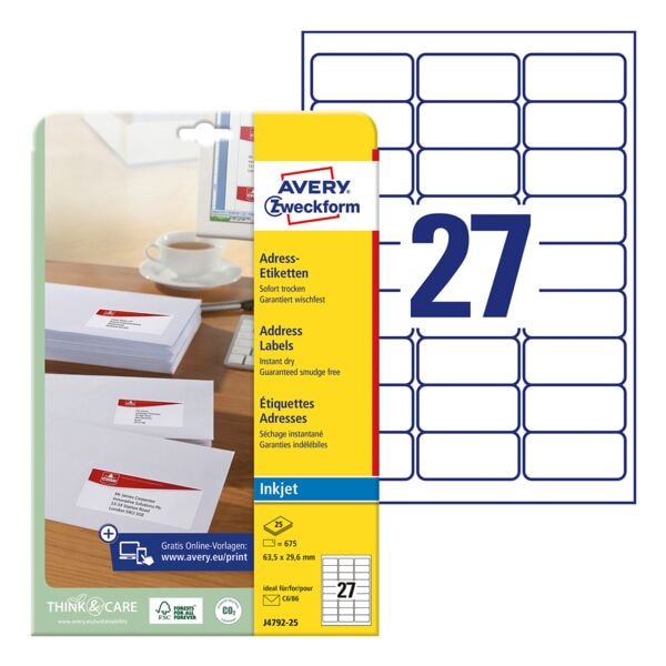 675 adresetiketten inkjet - 63,5x29,6 mm »J4792-25«