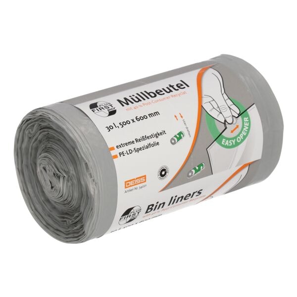 50 afvalzakken van gerecycleerd materiaal »FIRST PLUS pcr &reg;« 30 liter grijs