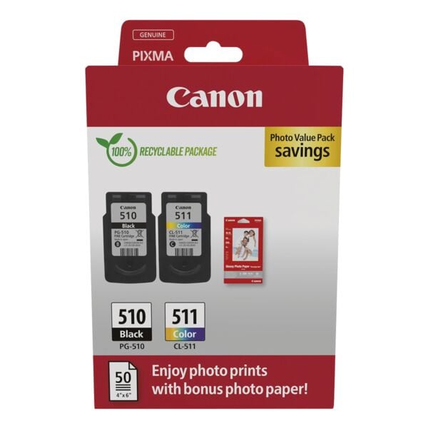 Value pak: inktpatronen »PG-510« & »CL-511« incl. 50 bladen fotopapier 10x15 cm