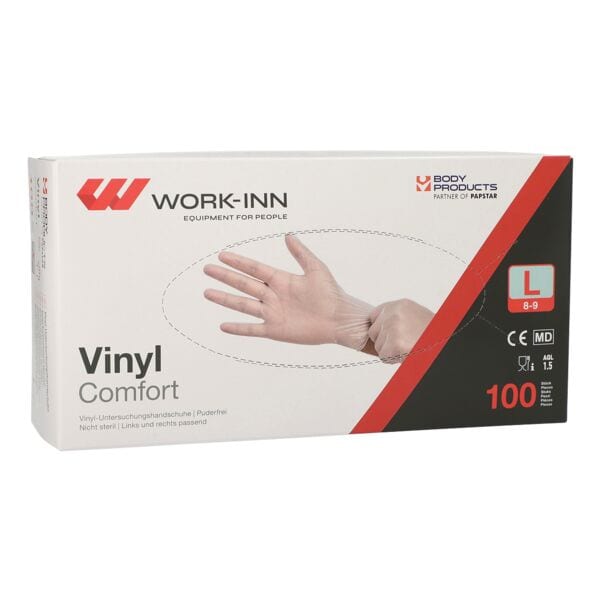 Pak met 100 wegwerphandschoenen »WORK-INN Comfort« vinyl transparant L, poedervr