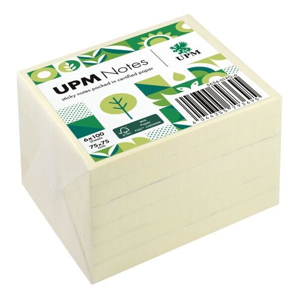 6x 100 bladen herkleefbare notes »5654-01PG-6« verpakt in glasfolie - gelb 7,5 x