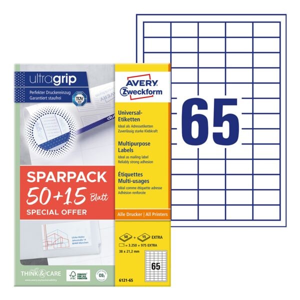 Universele etiketten permanent wit 38x21,2 mm 4225 stuks 6121-65