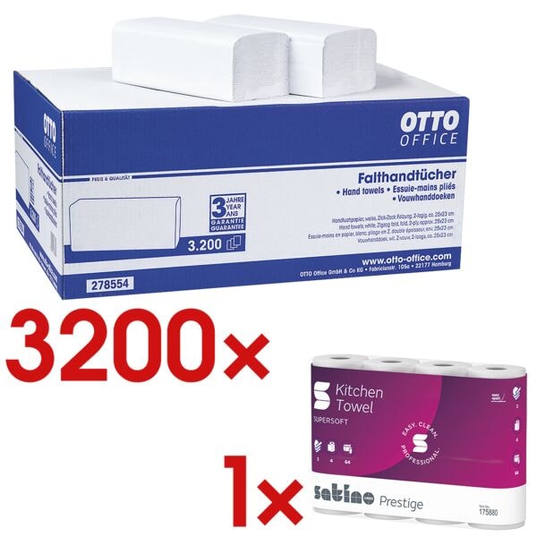 Papieren handdoeken incl. keukenrollen 3-laags, 4 rollen