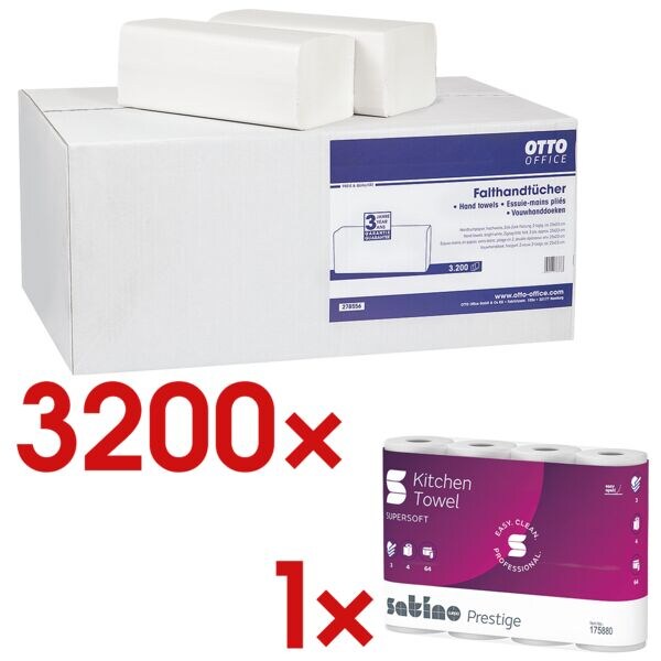 Papieren handdoeken incl. keukenrollen 3-laags, 4 rollen