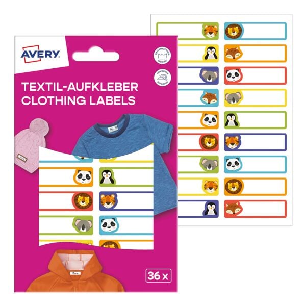 Pak met 36 textielstickers 45x13 mm dieren