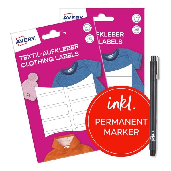 2x 36-pak textielstickers 45x13 mm wit + stift