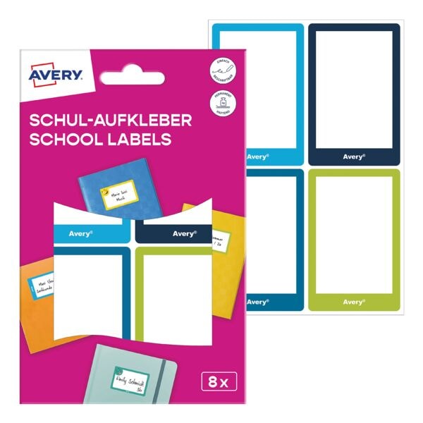 Pak met 8 schoolstickers blauw/groen 48x70 mm
