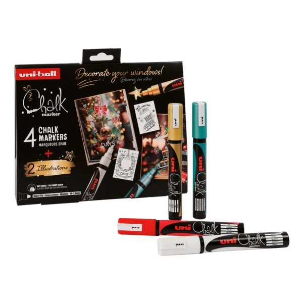 Krijtmarkerset kerstdoos »TRADI« 4 krijtmarkers / 1 poster A3 wit / goud / rood