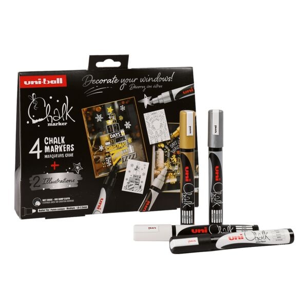 Krijtmarkerset kerstdoos »SCANDI« 4 krijtmarkers / 1 poster A3 wit / goud / zilv