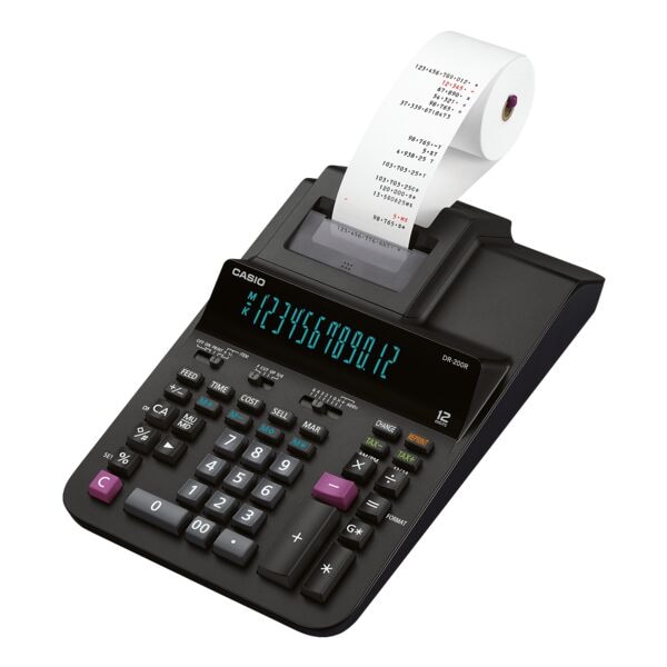 Een rekenmachine die print »DR-200R«