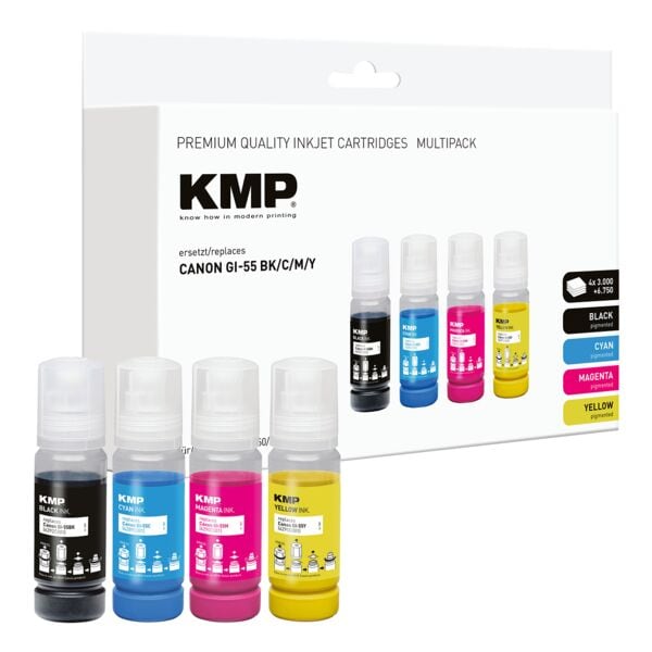 Inktcartridgeset vervangt Canon »GI55 BK/CMY« cyaan, magenta, geel, zwart