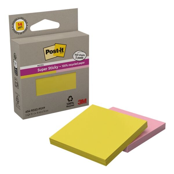 2x herkleefbare notes »Super Sticky 100 % Recycling Notes« 7,6 x 7,6 cm geel / r