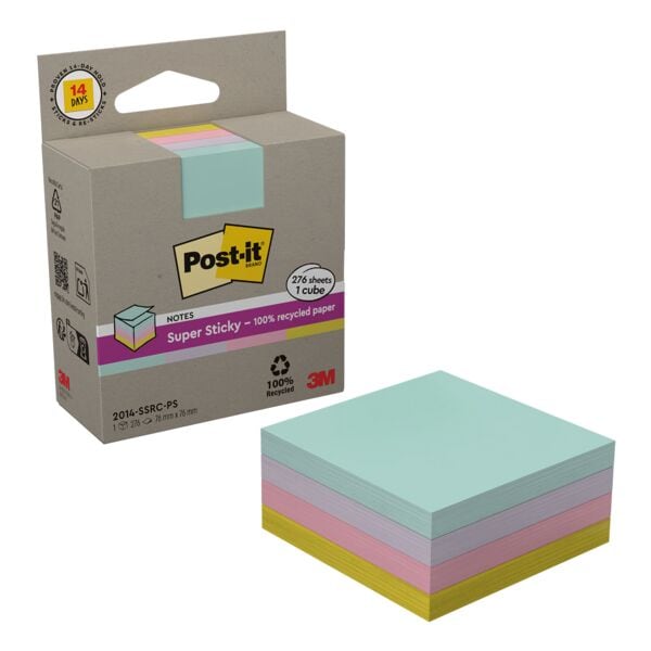 Herkleefbare notes »Super Sticky 100 % Recycling Notes« 7,6 x 7,6 cm geel / roze