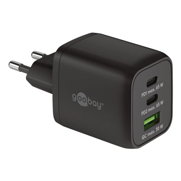 Nano GaN-snellader met meerdere poorten: 2x USB-C (PD) / 1x USB-A (QC) 65 W zwar