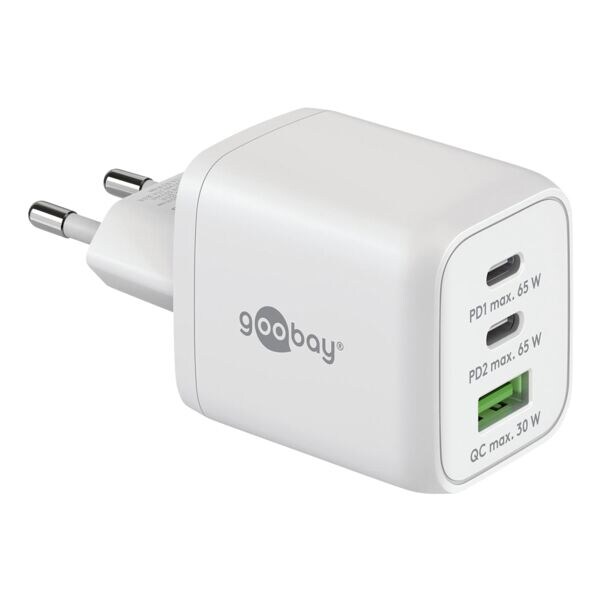 Nano GaN-snellader met meerdere poorten: 2x USB-C (PD) / 1x USB-A (QC) 65 W wit