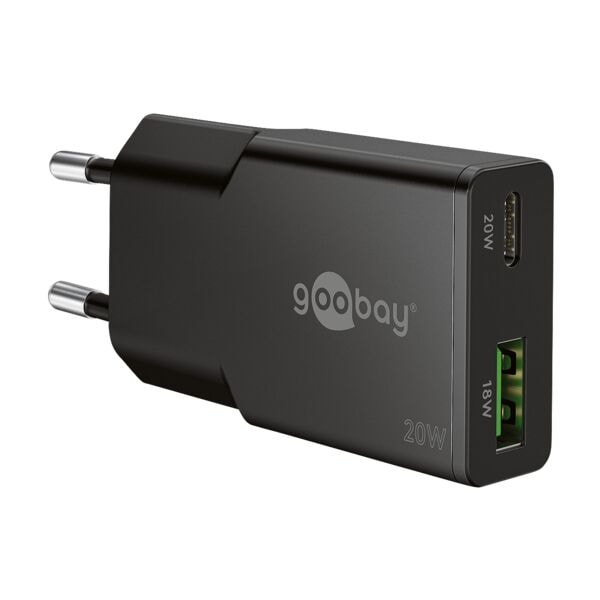 GaN Slim dubbele snellader 1x USB-C (PD) / 1x USB-A (QC) 20 W zwart