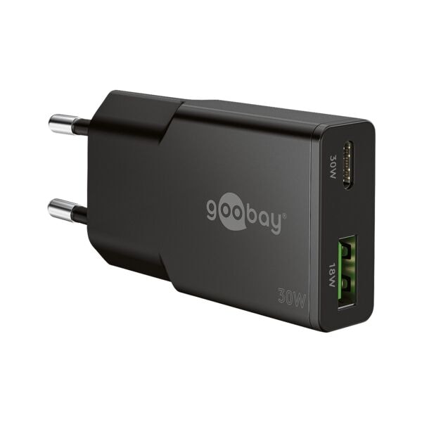 GaN Slim dubbele snellader 1x USB-C (PD) / 1x USB-A (QC) 30 W zwart
