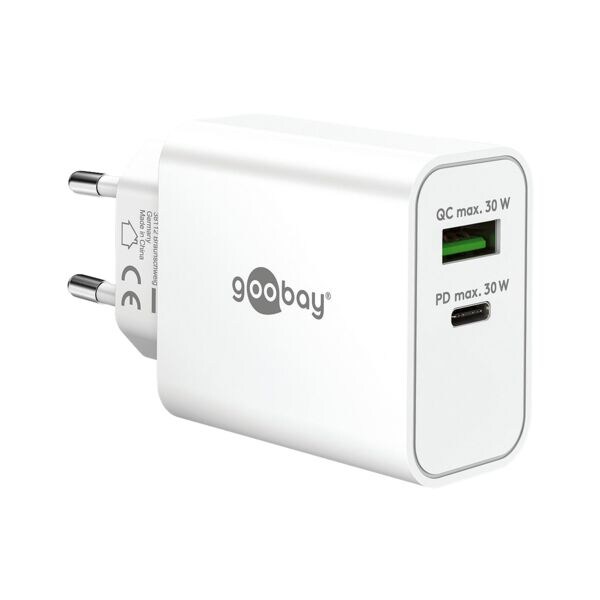 GaN-snellader met twee poorten: 1x USB-C (PD) / 1x USB-A (QC) 30 W wit