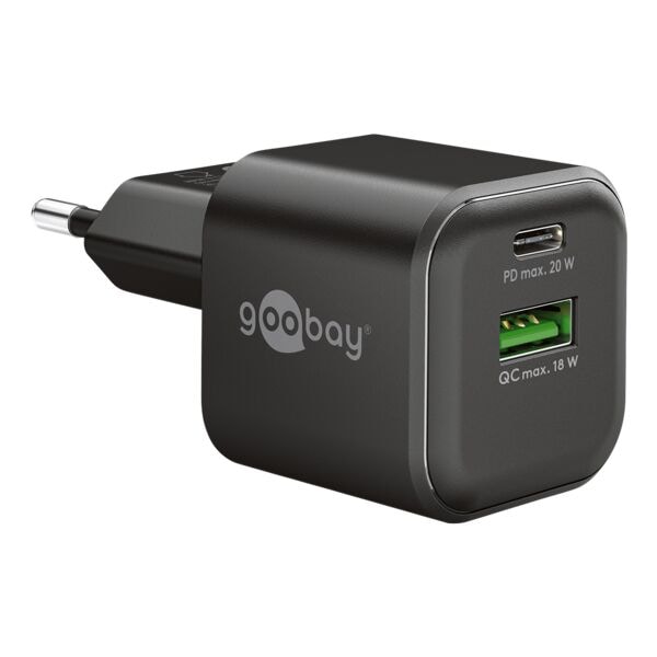 Dubbele snellader Nano GaN USB-C PD / USB-A 20 W zwart