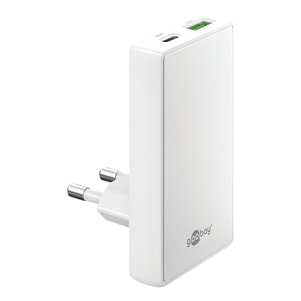 Dubbele snellader GaN USB-C PD / USB-A QC 90° plat 65 W wit