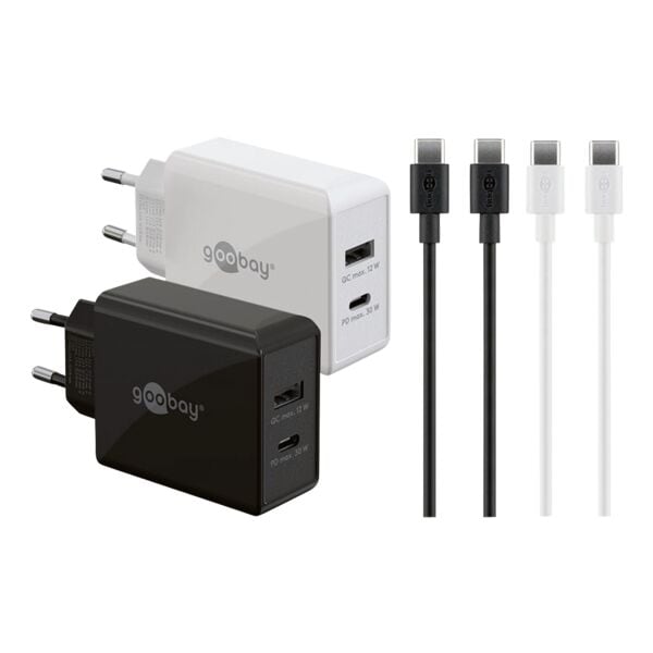 Set snelladers met kabels Twin Power USB-C (PD) + USB-A (QC) 30 W