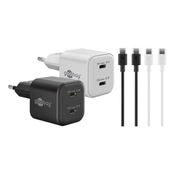 Set snelladers met kabels Twin Power 2x USB-C (PD) 35 W