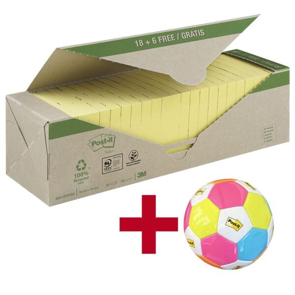 Herkleefbare notes »Recycling Notes« 76 x 76 mm - 24 blokken geel incl. voetbal