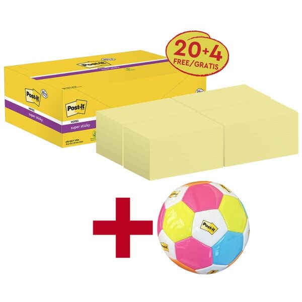 24 blokken herkleefbare notes »Super Sticky Notes« 76 x 127 mm incl. voetbal »Po