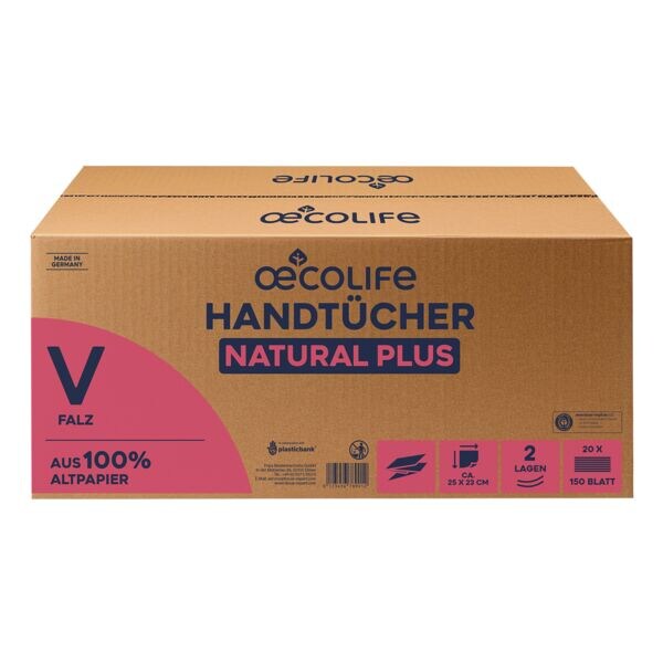 Papieren handdoekjes »Natural Plus« 2-laags naturel 20 x 150 bladen (totaal 3000