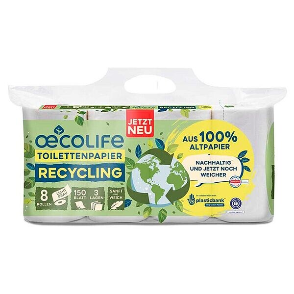 Gerecycleerd toiletpapier, 3-laags 8 rollen (1 pak van 8 rollen)